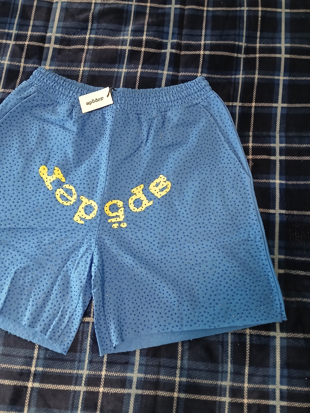 Sp5der Blue Rhinestone Shorte - Picture 3 of 4